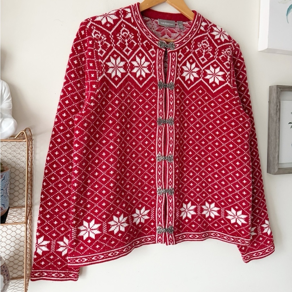 Croft & Barrow Nordic Fair Isle Cardigan Red White Snowflake Sweater 90s Y2K M - Picture 6 of 14